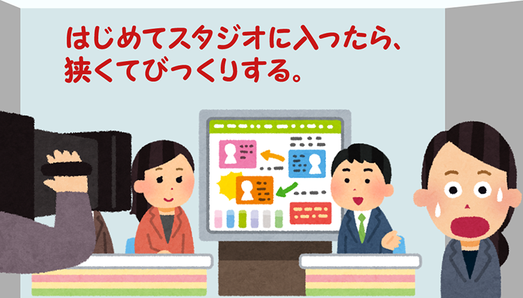 初めてスタジオに入ったら、狭くてびっくりする。